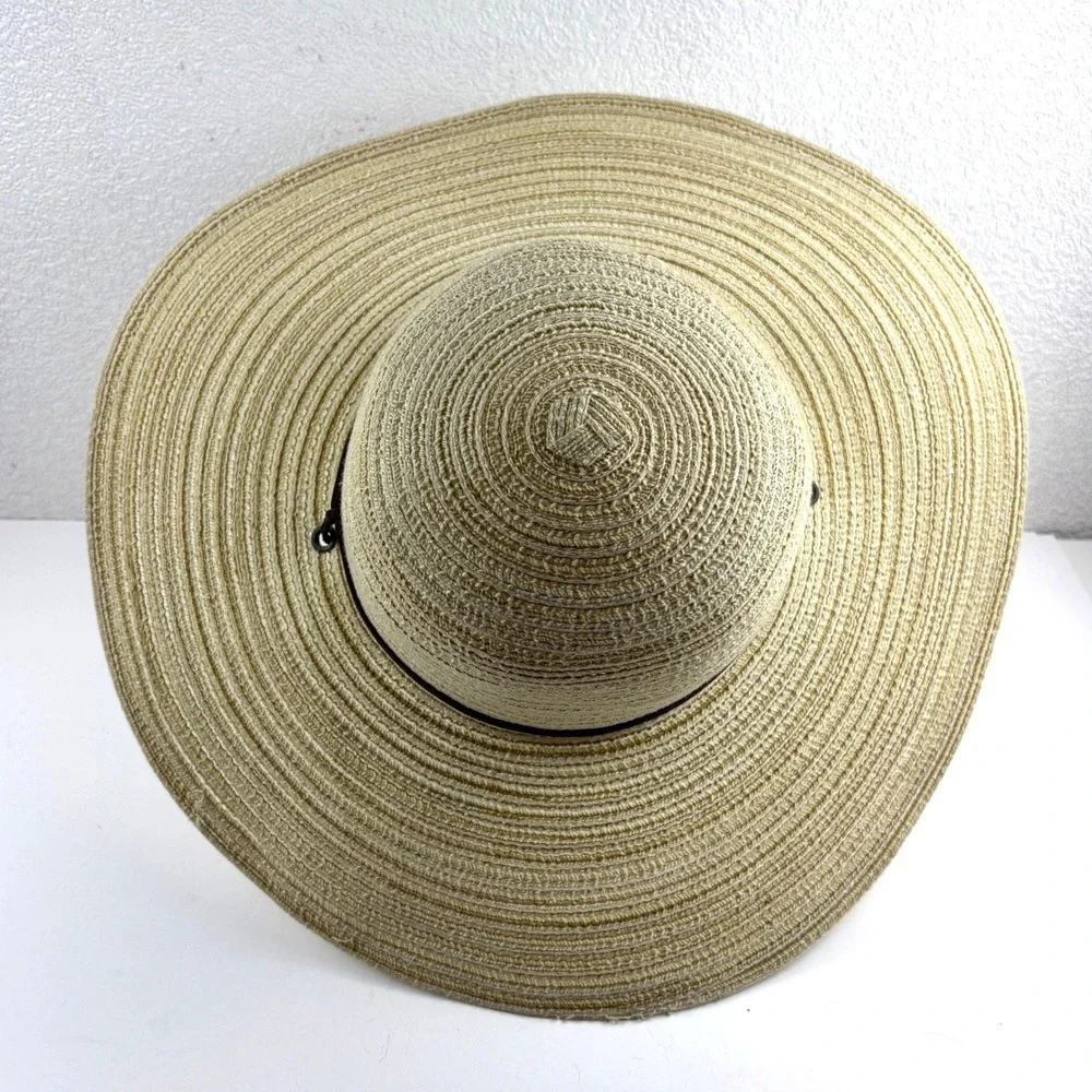 Shoe Shack Sun Hat Womens OS Beige Wide Brim Woven Straw Chin Strap Beach Summer